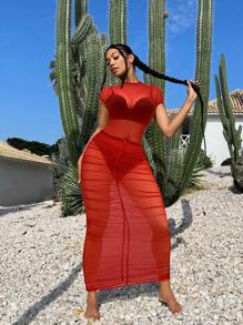 SHEIN SXY Women Solid Color Round Neck Mesh Short Sleeve Bodysuit And Pleated Skirt Sexy 2 Pieces Set