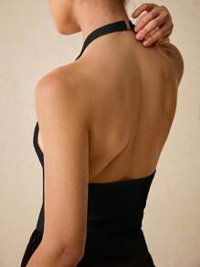 Poéselle Body de mujer con cuello en V profundo, drapeado y sexy de moda - Negro - Ver 3