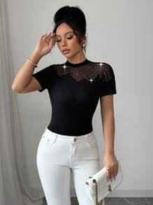 Elenzga Women's Summer Elastic Fitted Crewneck Short Sleeve T-Shirt With Sequins, Mesh Splicing, And Hollow Design, Sexy And Fashionable Casual - Black - View 3