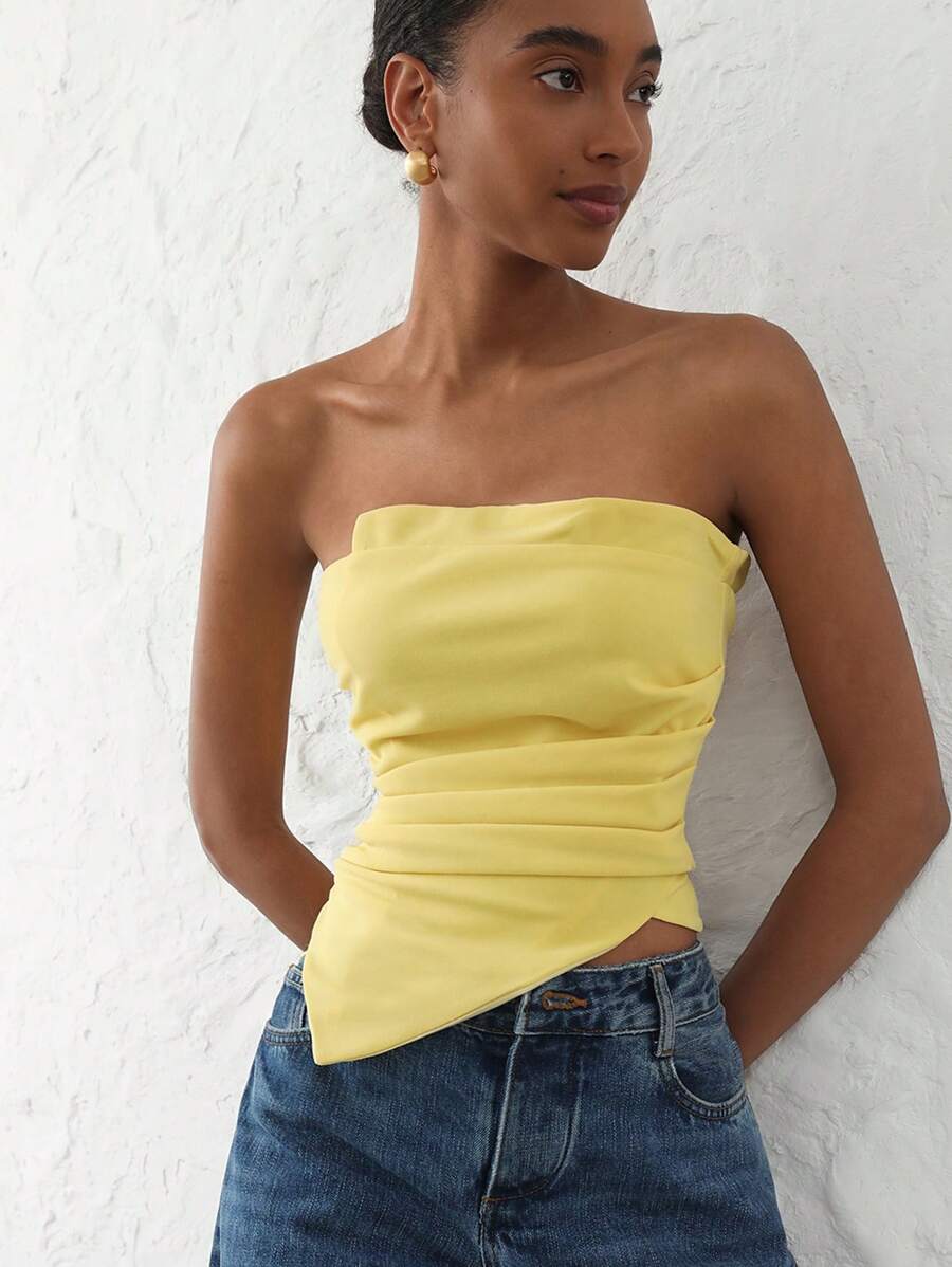 Aveloria Modichic 女士不对称下摆褶饰胸围贴身腰部吊带背心上衣 - 黃色 - 查看 1
