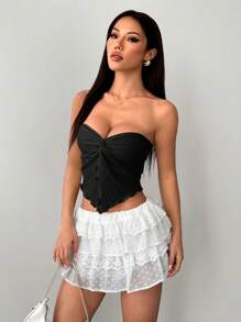 SHEIN PETITE 女装假日鹅黄色针织纹理抹胸中前打结开衩波浪边修身上衣下午茶街头度假秋冬装内外聚会 - 黑色 - 查看 5