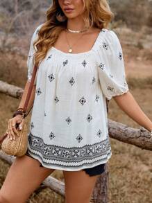 SHEIN Clasi Áo sơ mi tay ngắn tay bồng in họa tiết phong cách phương Tây Boho cỡ lớn - Đen và trắng - Xem 4