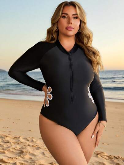 Swim Lushoire Traje de baño de talla grande para mujer de unicolor, cuello redondo, manga larga, con diseño de flores calado y cierre de cremallera. Conjunto de ropa de playa casual y sexy para señoras, ideal para surf