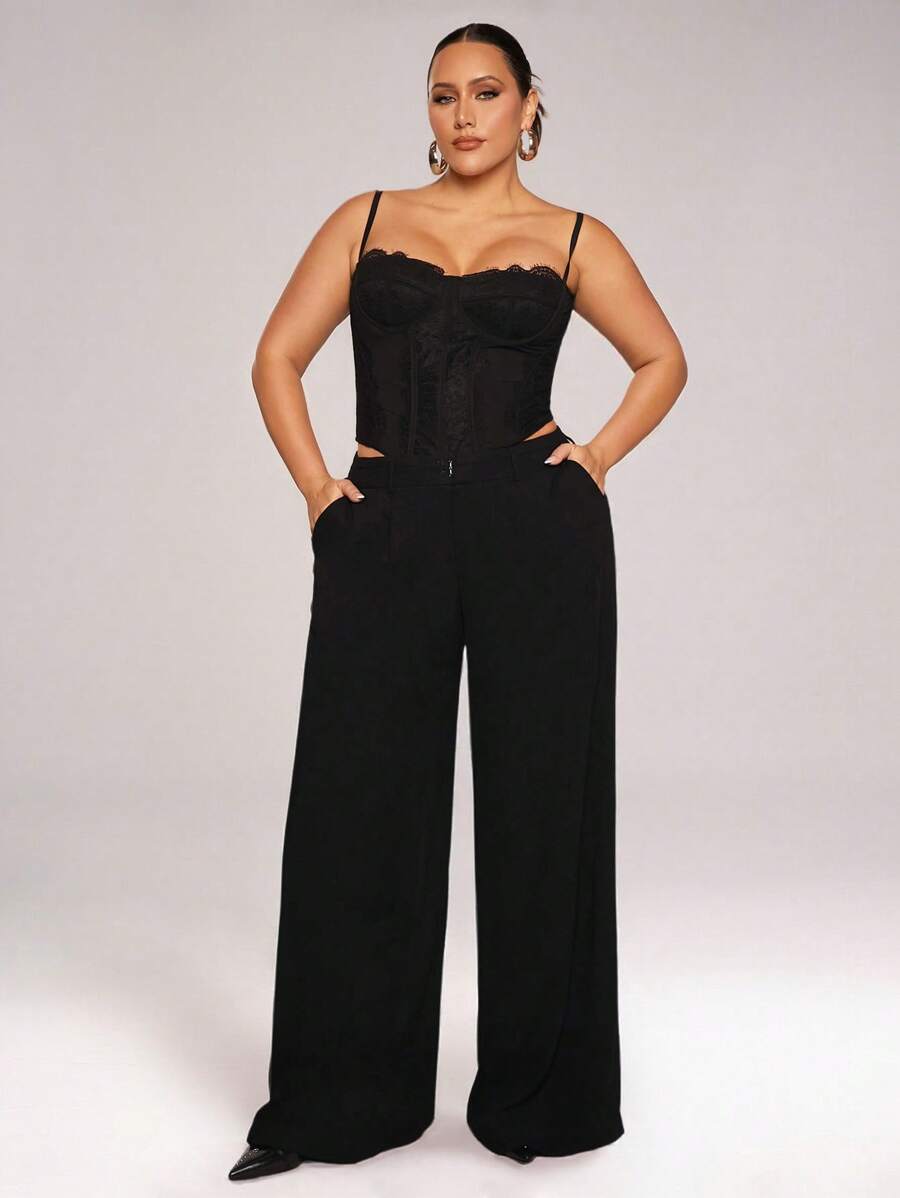 SHEIN BAE 大码女式高街黑白亚麻直筒阔腿裤，适合日常穿着、夜间外出、约会、派对、下午茶、音乐会、夏季服装、春季服装、复活节、度假、优雅、休闲、西部服装、俱乐部服装、早午餐、毕业典礼、性感阔腿裤、通勤、办公室穿着 - 黑色 - 查看 1