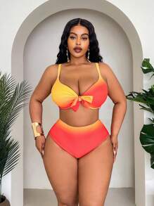 Slaydiva 大码女式 3 件套，随机渐变印花，时尚简约性感裙子，高腰内裤，日常，度假，比基尼套装 - 橘色 - 查看 4