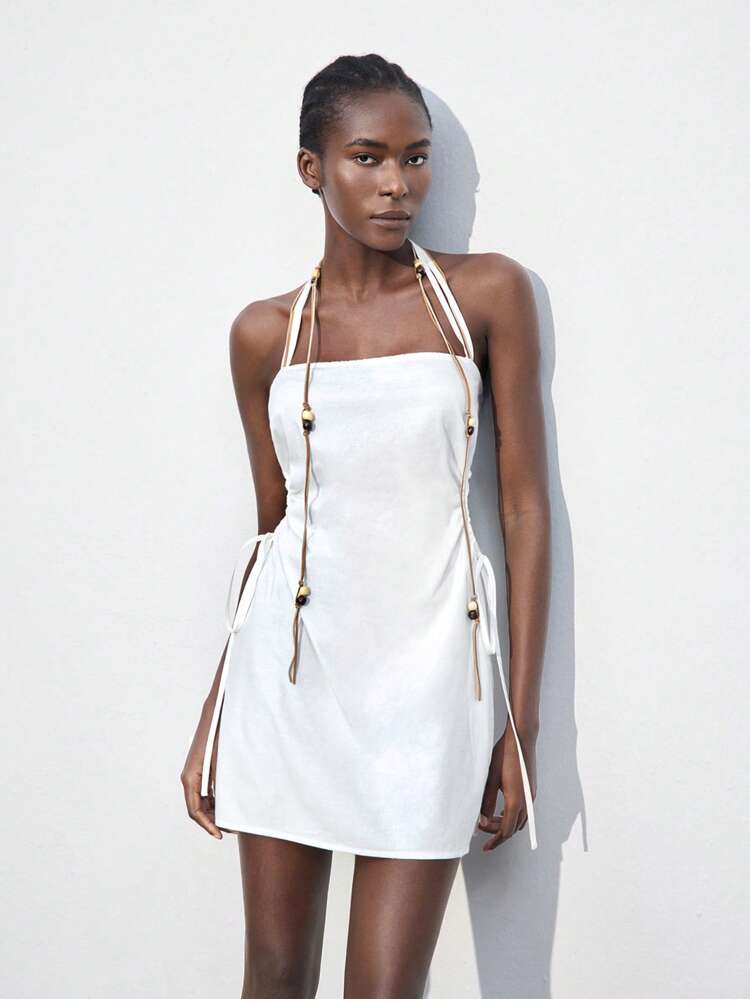 SHEIN Maija Women Beaded Spaghetti Strap Hollow Out Drawstring Fashionable Sexy Elegant Bohemian Beach Vacation Mini Dress, Solid Color Sleeveless Slip Dress, Suitable For Music Festival Vacation Outfits Woman Vacation Dress