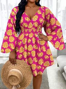 Breezaya Plus Size Holiday Banana Leaf Flare Sleeve A-Line Dress