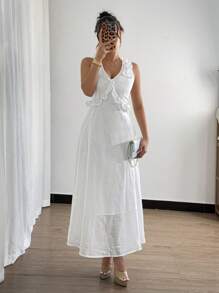 Elenzga Robe ample fendue sans manches en lin mélangé avec garniture de volants pour femmes - Nude - Voir 1