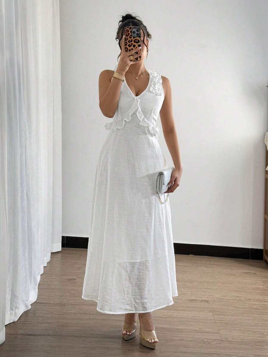 Elenzga Robe ample fendue sans manches en lin mélangé avec garniture de volants pour femmes - Nude - Voir 1