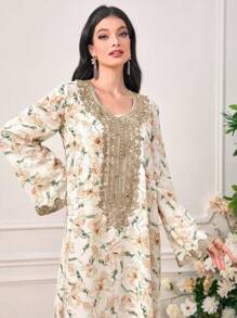 Al Najma Floral Print Contrast Lace Long Trumpet Sleeve Modest Dress
