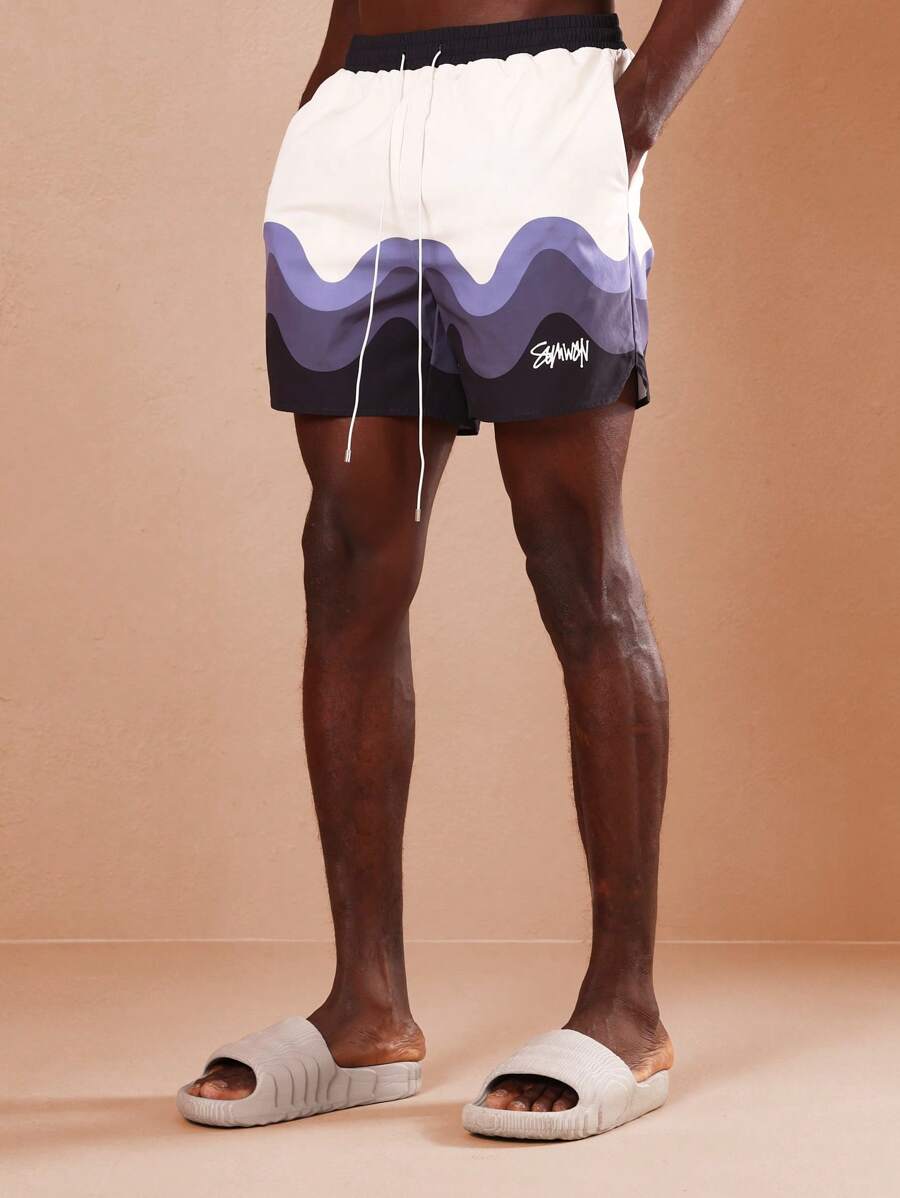 SUMWON Stanton Wave Pattern Premium Board Shorts, Summer Beach Athletics Surf Swimming Trunks With Drawstring, Casual Holiday Resort Sportswear - Purple - View 1