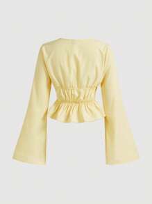SHEIN MOD Yellow Women's Tie Front Flare Sleeve Blouse,Hollowed Costumes, Women,Devil Costume,Vintage,Pirate Top,Hippie,Going Out Tops