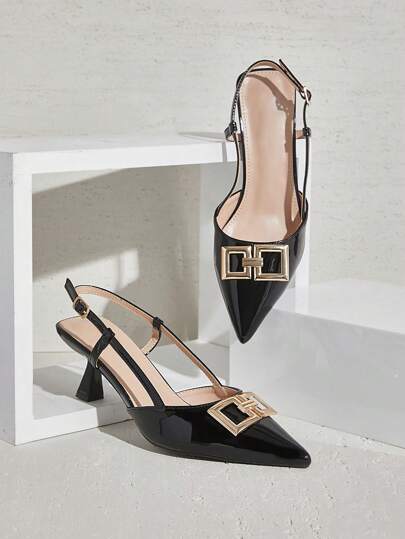 SHUZIA Tacones de salón de punta puntiaguda con tira trasera y tacón de gatito, decoración de hebilla, estilo elegante y primaveral - Zapatos de mujer de lujo en color negro recubierto