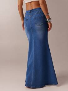 Forever 21 Autumn/Winter New Vintage Washed Personalized Casual Low Waist Fish-Tail Slit Skirt - Royal Blue - View 3