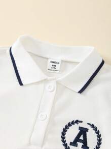 SHEIN 2 件女婴休闲套装：Polo 领短袖字母刺绣 T 恤 + A 字褶裙，春夏 - 彩色 - 查看 7