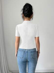 Calvaya Tweed Paneled Design Pearl Silver Edged Button Elegant Commuter Style Women Blouse Top