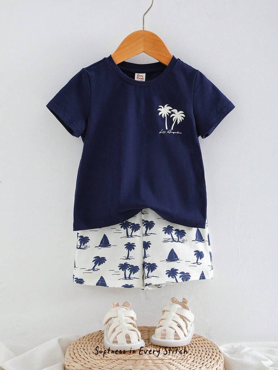 Cozy Pixies 2 Stücke Baby Jungen Set aus Cartoon Kokosnussbaum Muster Strickpullover mit Rundhalsausschnitt und kurzem Arm sowie Shorts mit Gummizug für den Sommer - Verschiedenfarbig - Übersicht 1