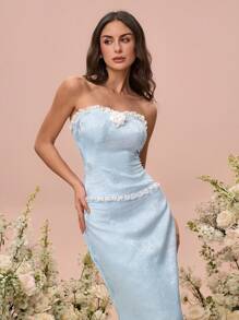 Glamine Sexy Off-Shoulder Lace Patchwork Elastic Crop Top For Women, Spring/Summer - Blue - View 2