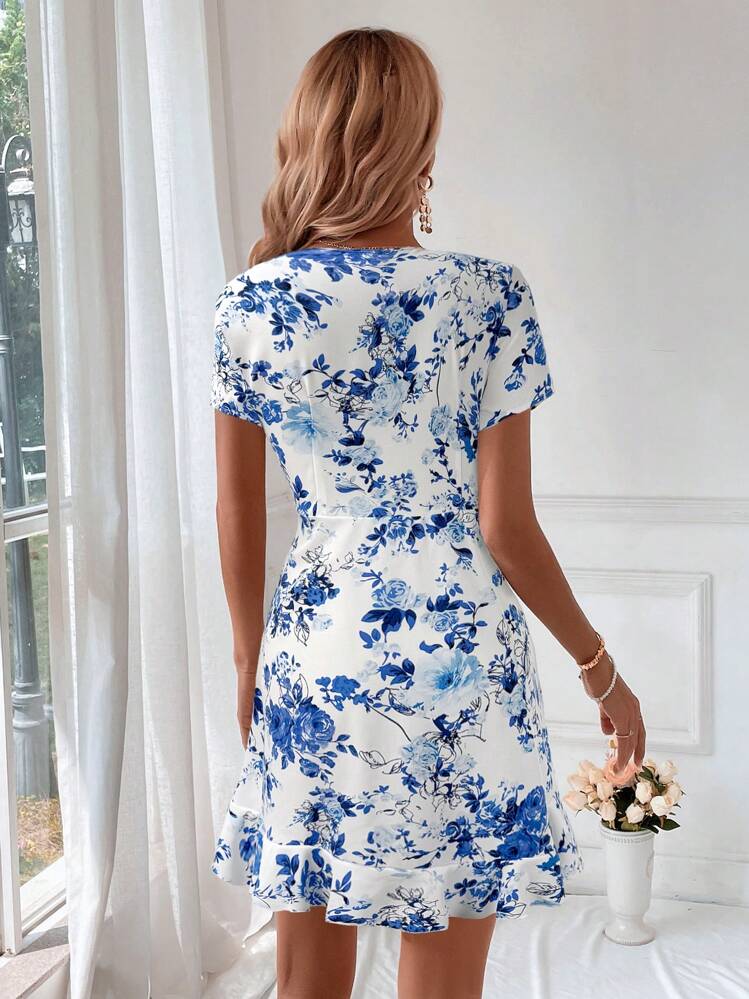 SHEIN VCAY Blommigt tryck för kvinnor med kort ärm på framsidan av fritidsklänning - Blå - Visa 2