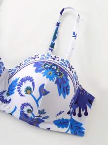 SHEIN Swim 3pcs/Set Women Bikini Swimwear With Wire Underwire, Adjustable Shoulder Straps & Blue Floral Print, Sexy Push Up Swimwear, Cover-Up, Beach/Pool Party Summer Vacation - Blue - View 5