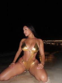 Swim SXY 女士时尚手工面料吊带性感镂空 + 时尚金属连接器连体泳衣，适合夏季海滩度假