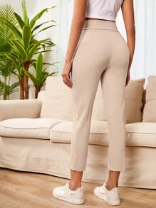 RueChic Solid Slant Pocket Cropped Suit Trousers - Beige - View 2