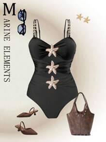 Swim Oasis 1pc Plus Size Women Metal Decor Minimalist One-Piece Swimwear, Summer Beach Holiday Outfit