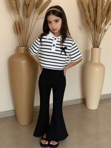 SHEIN 2pcs/Set Young Girl Stripe Bow Decor Polo Collar Short Sleeve Top And Flared Pants Set