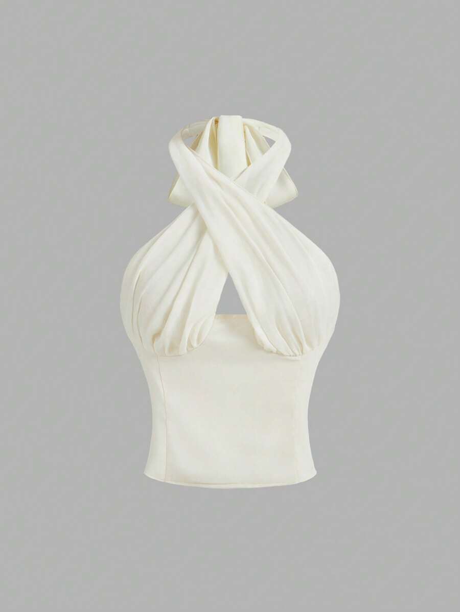 SHEIN MOD 杏色优雅系带露背挂脖优雅背心，度假背心，波西米亚女装，乡村女装，西式，复活节，海滩，音乐节