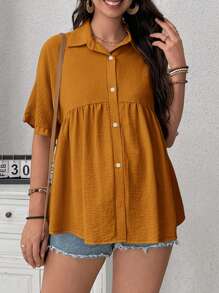 SHEIN Maternity Solid Color Batwing Sleeve Single-Breasted Ruffle Casual Shirt