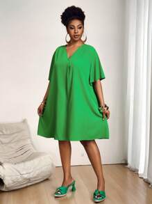 Slaydiva 新款复活节/西部优雅休闲/商务休闲女式短袖雪纺V领宽松荷叶袖连衣裙 - 綠色 - 查看 5