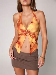 TRNVIE Tie-Dye Print Asymmetrical Hem Criss-Cross Backless Halter Neck Top