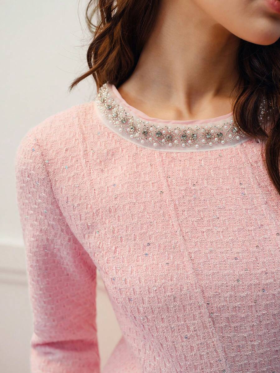 MOTF PREMIUM TWEED BEADED TRIM DRESS