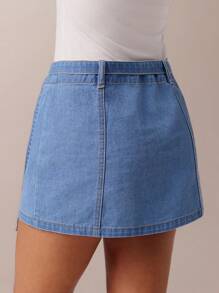 SHEIN Forever 21 Jupe mini en denim avec garniture métallique, tenue d'été/professionnelle pour femmes, remise de diplôme, tenue de travail pour femmes, élégante, concert country, thé, concert - Bleu ciel - Voir 2