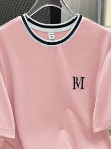 Teen Boys 2pcs Casual Patchwork Polo Collar T-Shirt With English Print & Letter Print Drawstring Waist Shorts Set - Pink - View 3