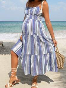 SHEIN Maternity Spaghetti Strap Striped Casual Dress With Ruffle Hem Vacation Outfits Woman Beach - Multicolor - View 1