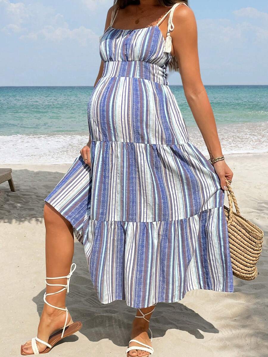 SHEIN Maternity Spaghetti Strap Striped Casual Dress With Ruffle Hem Vacation Outfits Woman Beach - Multicolor - View 1