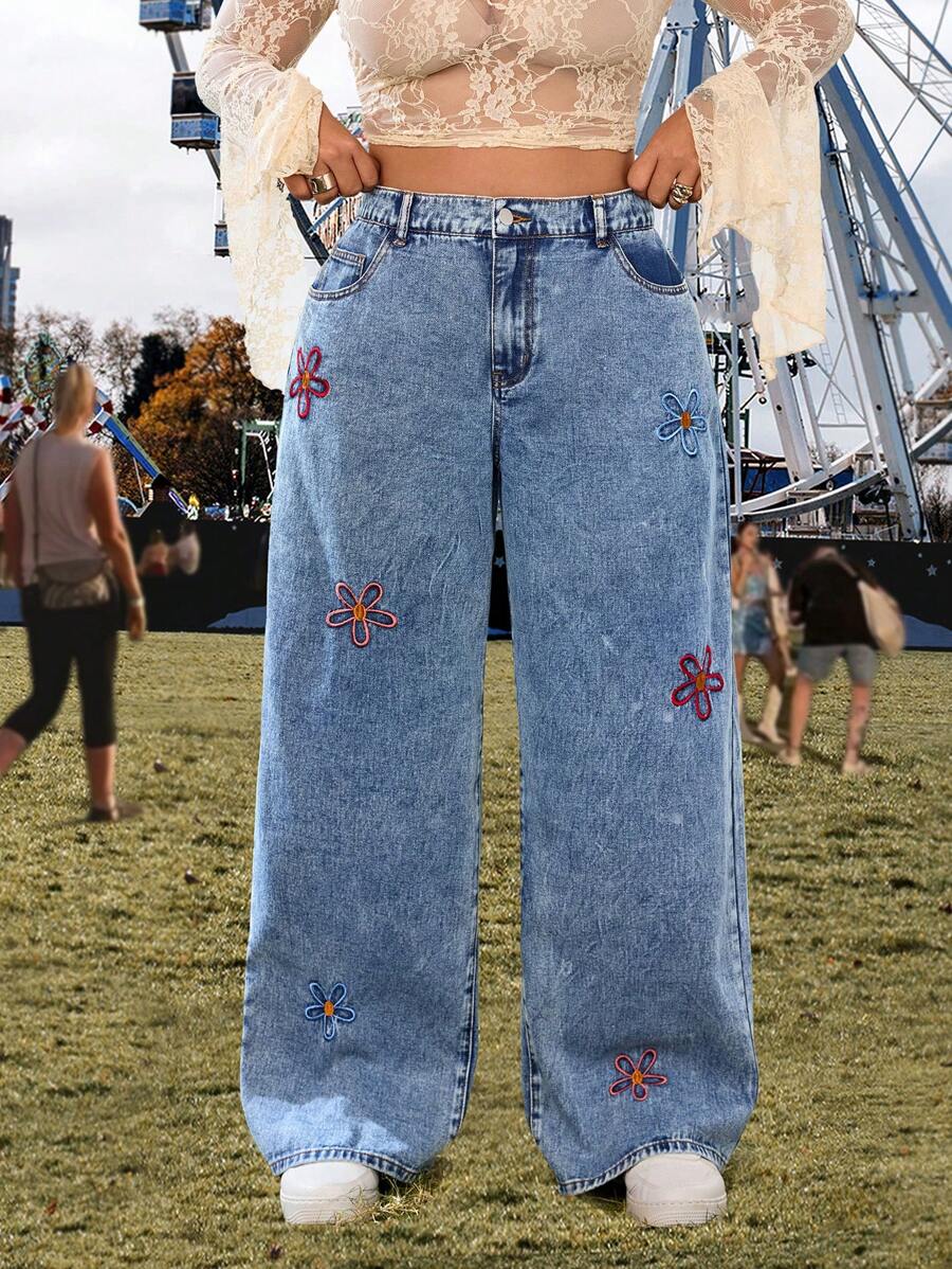Breezaya Plus Size Women Loose Embroidered Snowflake Print Straight Leg Jeans - Blue - View 1