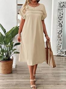 SHEIN LUNE Abito estivo minimalista oversize con scollo tondo, spalle scese, contrasto di pizzo, morbido e comodo