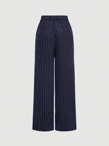 SHEIN MOD V-Neck Sleeveless Side Tie Waist Straight Pants Navy Striped Suit Set,Early Autumn Outfit Back To School Preppy Tops 2pcs Set Navy Pants Old Money Style,Business Casual Women,Office Wear Women Set.Striped Navy Set,Professional Clothes
