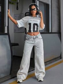 EURMUSE Slant Pocket Low Waist Snow Wash Wide Leg Jean - Light Grey - View 1