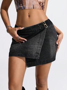 SHEIN EZwear Damska swobodna spódnica jeansowa z asymetrycznym dołem i boczną klamrą