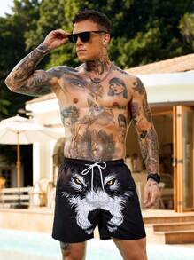 Surfspeed Men's Front-Tie Animal Print Simple Casual Beach Shorts - Black and White - View 7