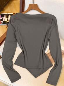 SHEIN Clasi 1pc Asymmetrical Hem 3D Patch Decor Elegant Long Sleeve T-Shirt For Spring - Dark Grey - View 2