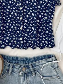 SHEIN 少女海军蓝碎花修身短款 T 恤，甜美迷人可爱上衣，适合春夏季、午餐、外出、干净女孩造型、家居服 - 寶藍色 - 查看 7