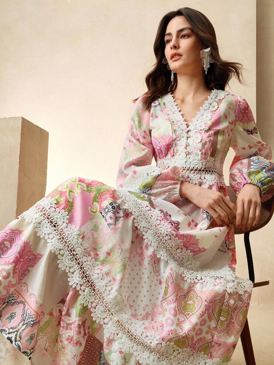 Anewsta Elegant Vacation Women Floral Mid-Long Dress (Pattern Random) - Multicolor - View 1