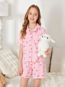 Tween Girl Cute Pink And White Striped Classic Bow Collar Button Front Short Sleeve Shorts 2 Pieces Casual Comfortable Pajama Set,Summer,Travel,Sleep - Pink - View 7