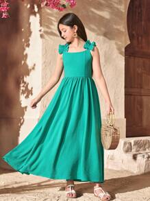 SHEIN Leap Crew Tween Girl Elegant Backless Bowknot Ruffle Collar Sleeveless Dress - Teal Blue - View 4