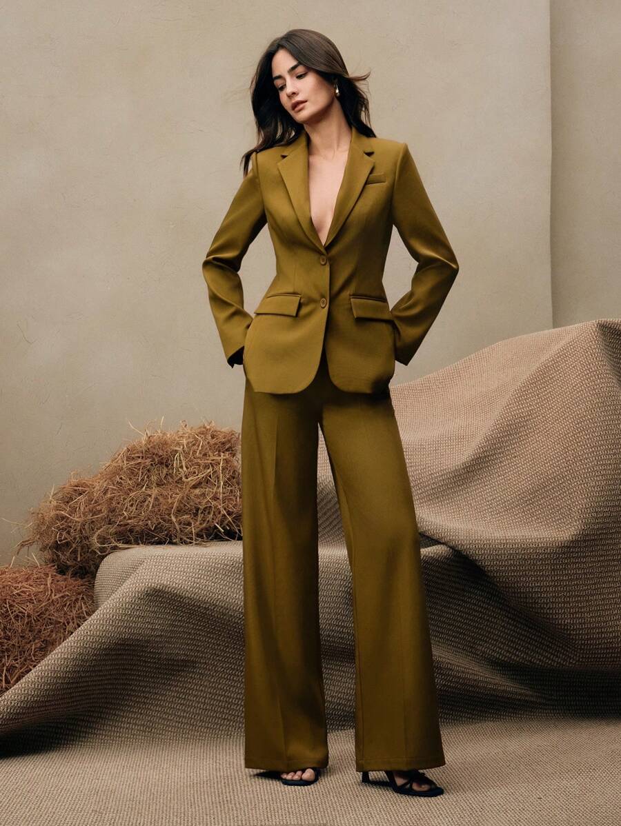 Anewsta Business Casual "Oldmoney" Women 2Pcs Suit Set, Blazer Jacket + Straight Leg Pants, Maillard Color Tone