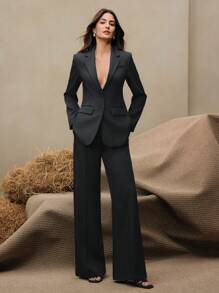 Anewsta 商务休闲优雅老钱风格女士两件套西装套装：西装外套 + 直筒裤，梅拉德色调